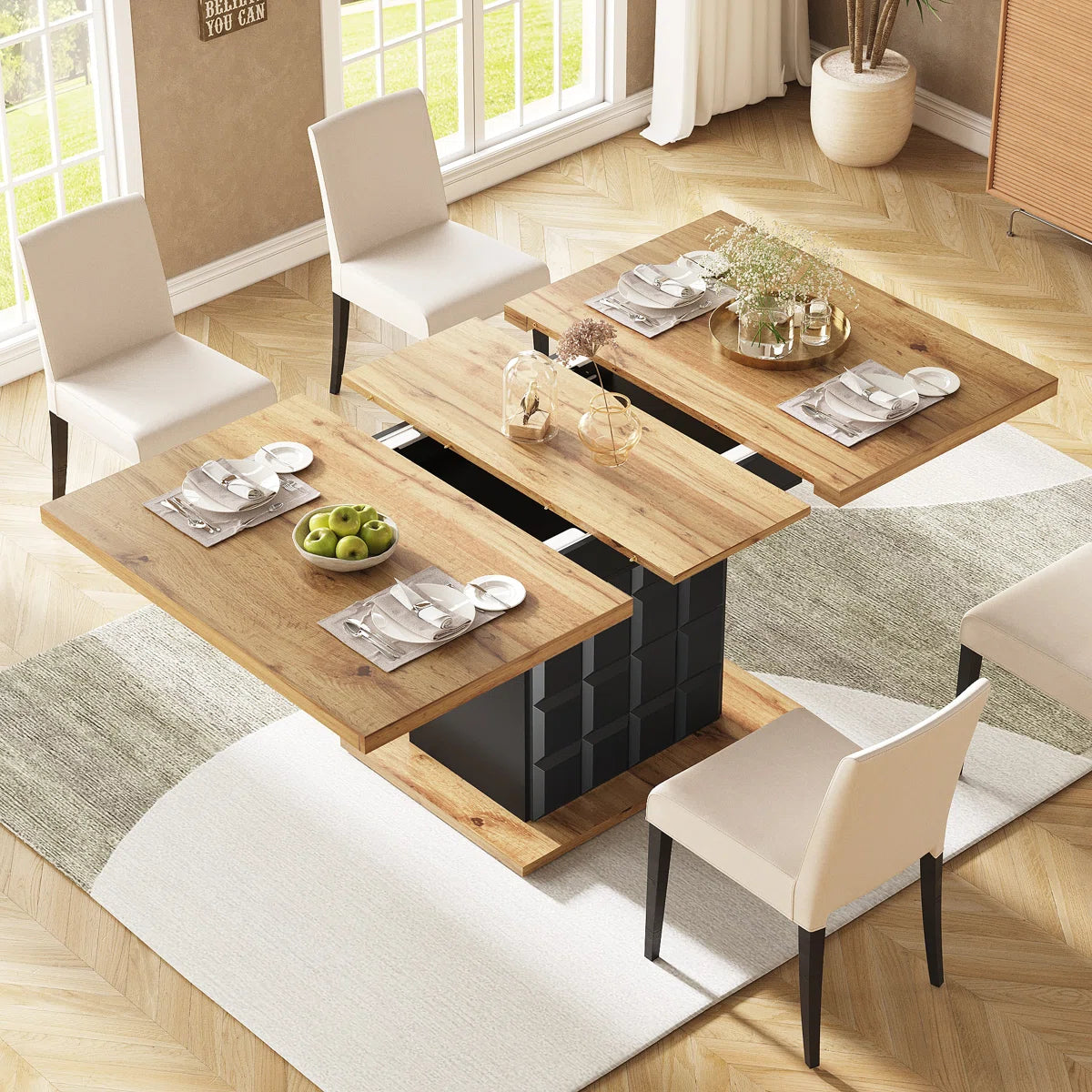 Extendable Checkered Dining Table with Hidden Storage – 110–140cm, Modern, Space-Saving Design