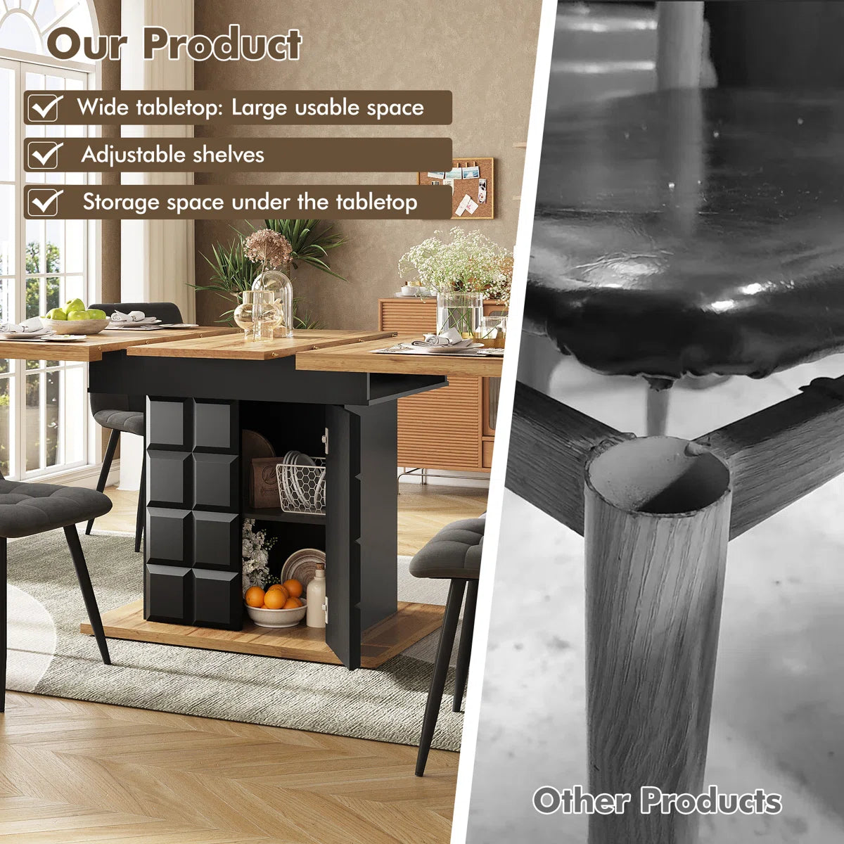 Extendable Checkered Dining Table with Hidden Storage – 110–140cm, Modern, Space-Saving Design