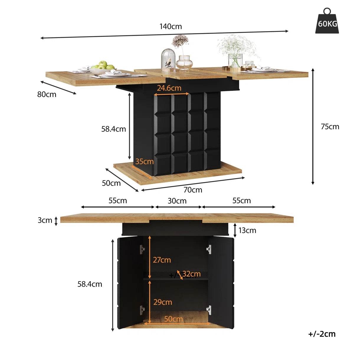 Extendable Checkered Dining Table with Hidden Storage – 110–140cm, Modern, Space-Saving Design