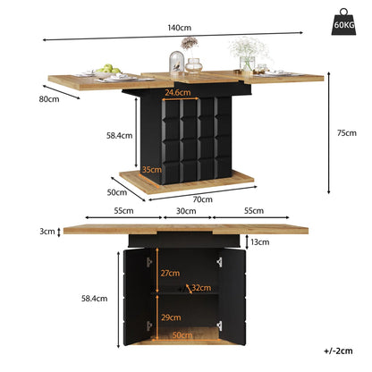 Extendable Checkered Dining Table with Hidden Storage – 110–140cm, Modern, Space-Saving Design