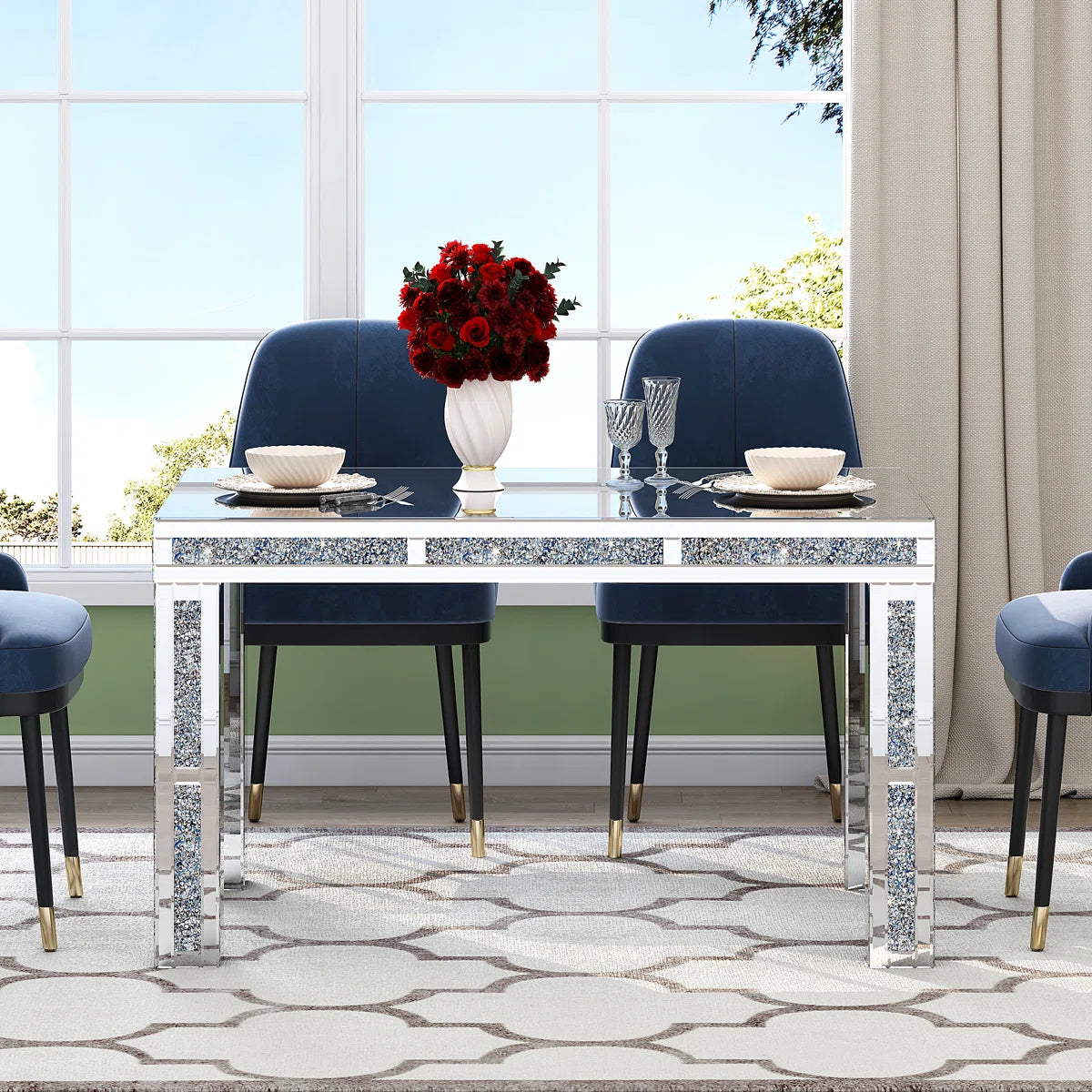 Premium Mirrored Glass Table With Crushed Diamond Trim