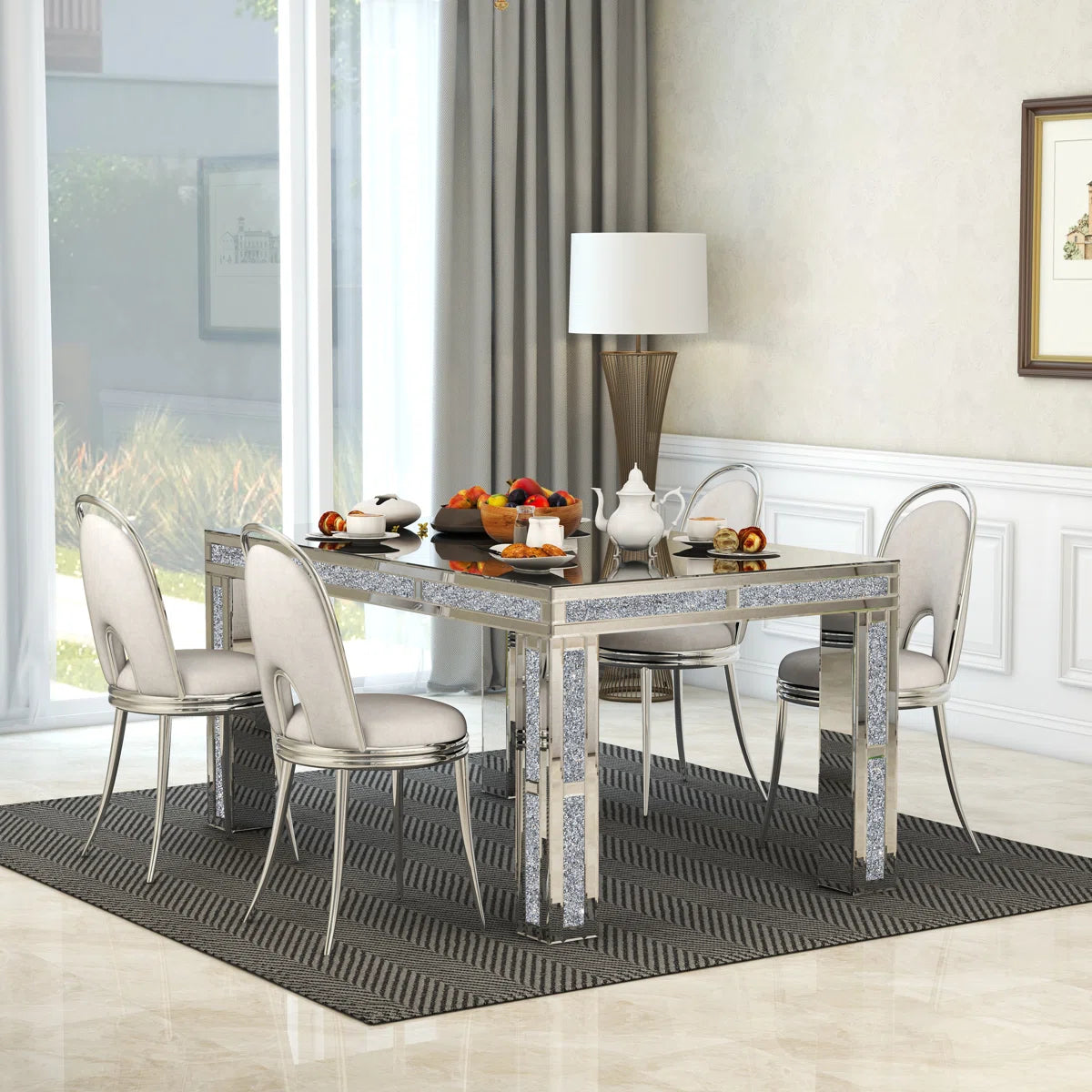 Premium Mirrored Glass Table With Crushed Diamond Trim