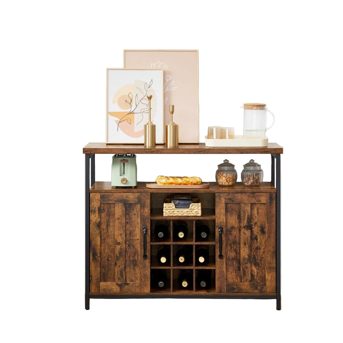 Rustic Industrial Sideboard with Wine Rack and Storage Cabinets – Brown & Black Buffet Table