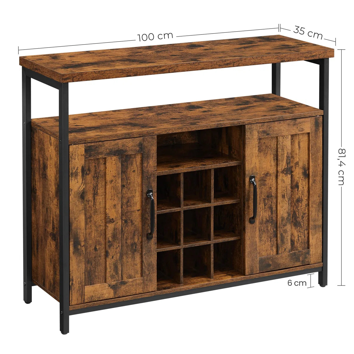 Rustic Industrial Sideboard with Wine Rack and Storage Cabinets – Brown & Black Buffet Table