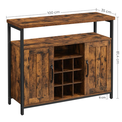Rustic Industrial Sideboard with Wine Rack and Storage Cabinets – Brown & Black Buffet Table