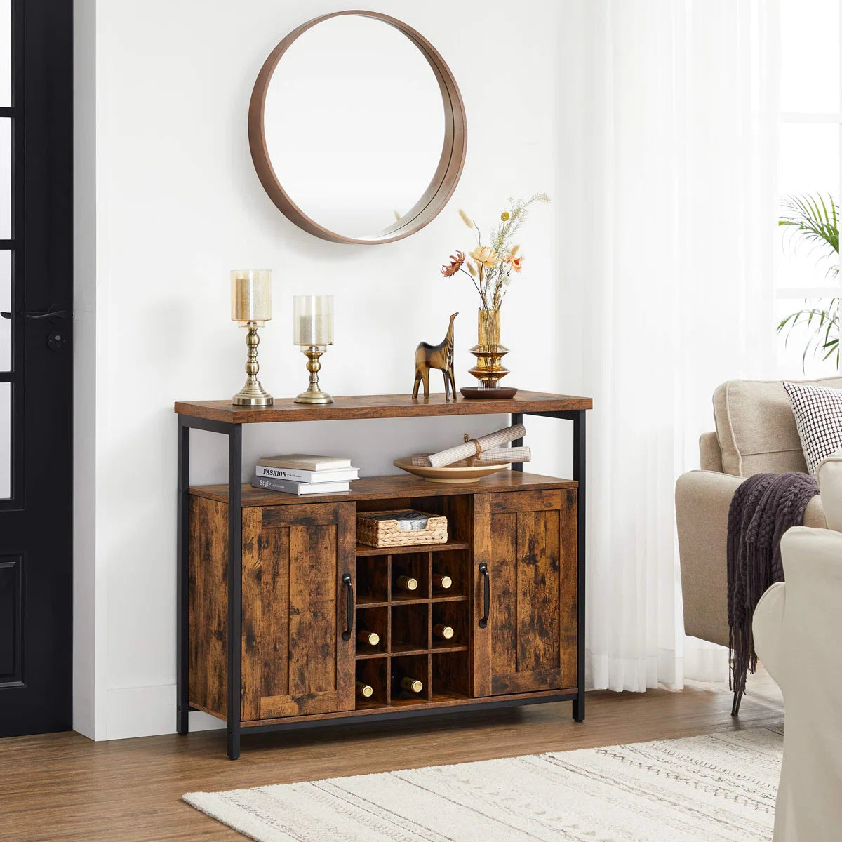 Rustic Industrial Sideboard with Wine Rack and Storage Cabinets – Brown & Black Buffet Table