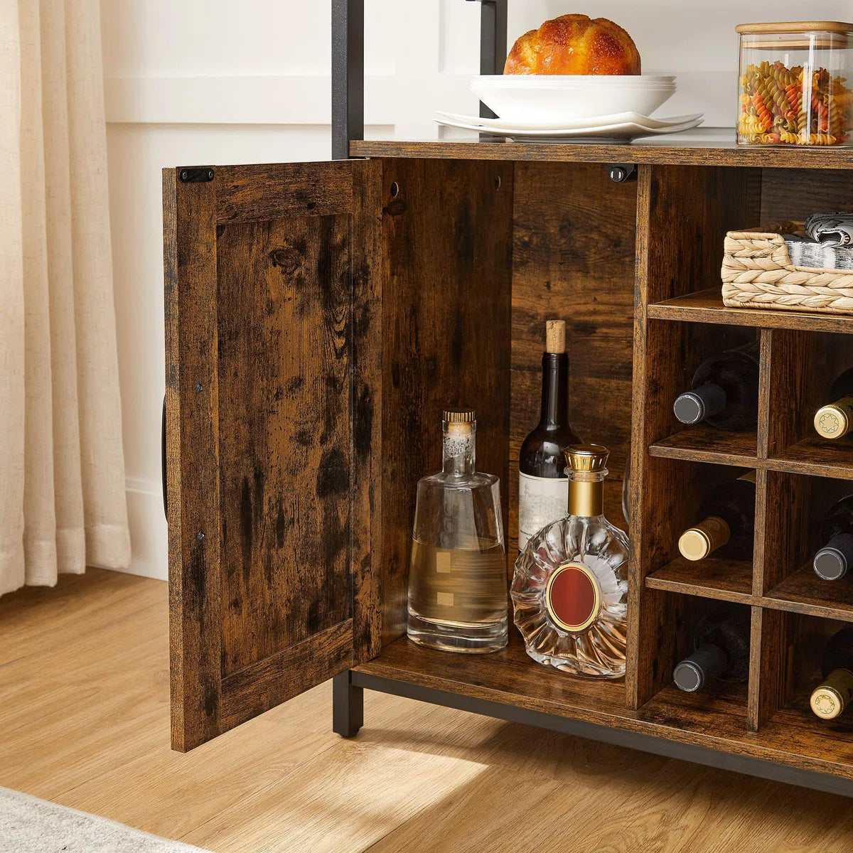 Rustic Industrial Sideboard with Wine Rack and Storage Cabinets – Brown & Black Buffet Table