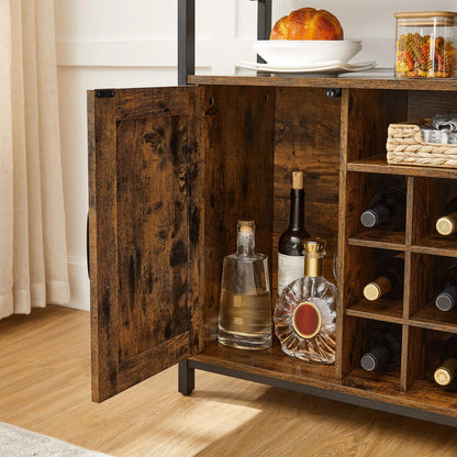 Rustic Industrial Sideboard with Wine Rack and Storage Cabinets – Brown & Black Buffet Table