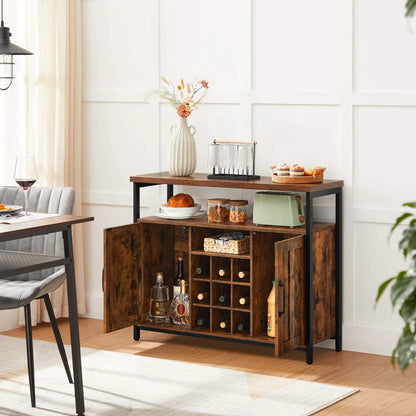 Rustic Industrial Sideboard with Wine Rack and Storage Cabinets – Brown & Black Buffet Table