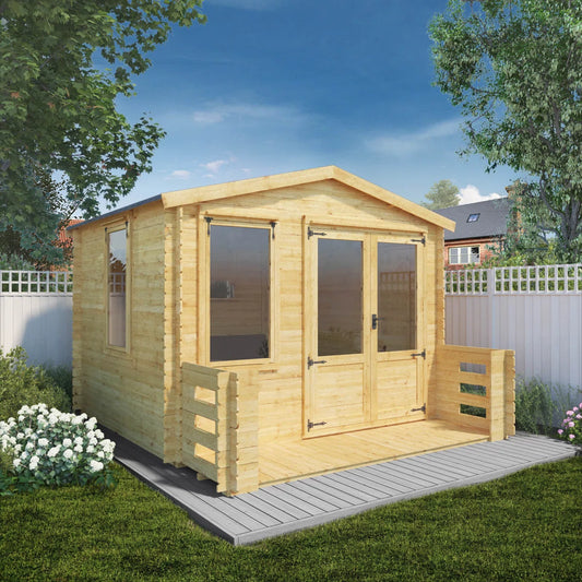 11ft x 12ft All Seasons Apex Log Cabin with Veranda & double doors (19mm)