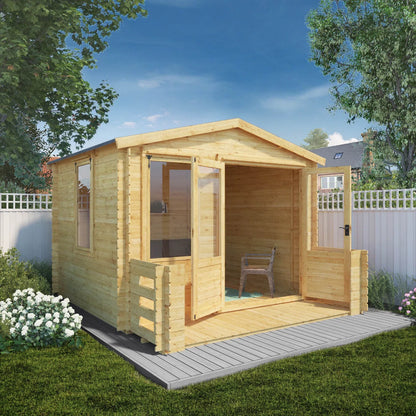 11ft x 12ft All Seasons Apex Log Cabin with Veranda & double doors (19mm)