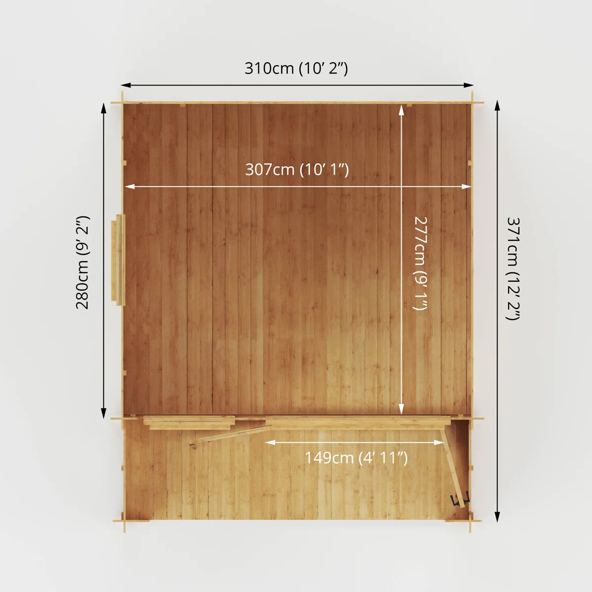 11ft x 12ft All Seasons Apex Log Cabin with Veranda & double doors (19mm)