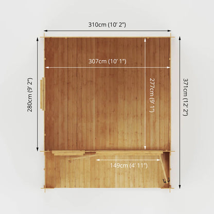 11ft x 12ft All Seasons Apex Log Cabin with Veranda & double doors (19mm)