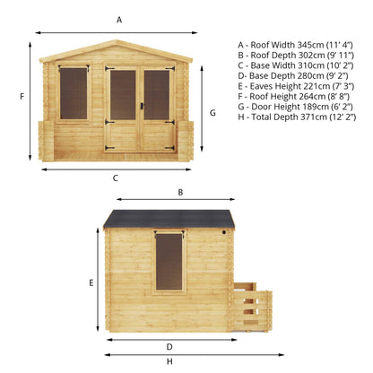 11ft x 12ft All Seasons Apex Log Cabin with Veranda & double doors (19mm)
