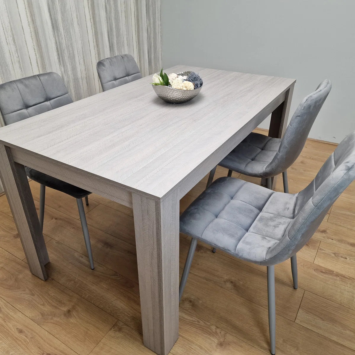 5-Piece Grey Dining Set with Tufted Chairs – Modern MDF Table & Velvet Upholstered Seating