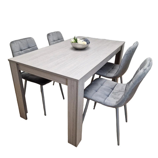5-Piece Grey Dining Set with Tufted Chairs – Modern MDF Table & Velvet Upholstered Seating