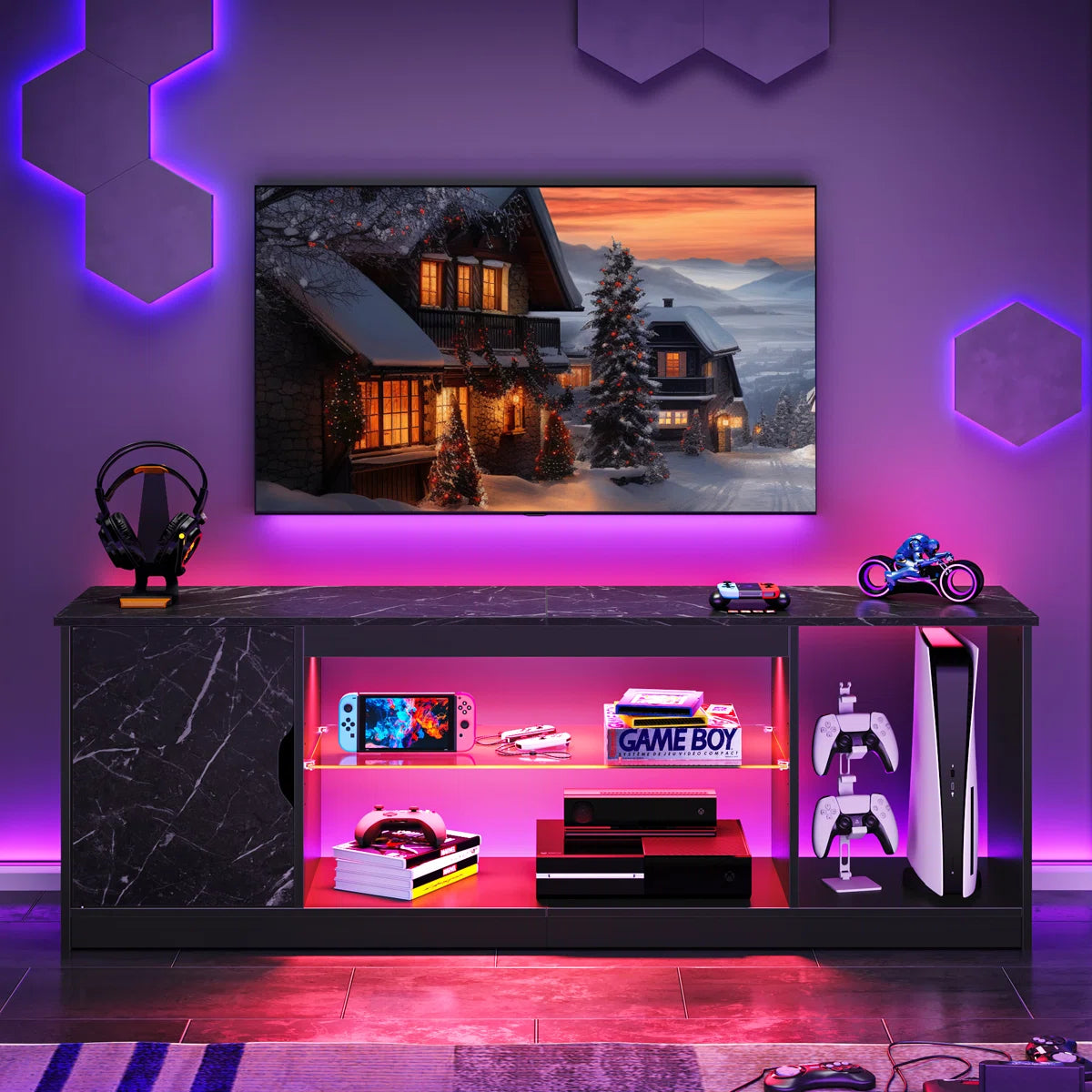 Media Console, LED TV Stand for 65 Inch TV, Gaming Entertainment Centre With Glass Shelf