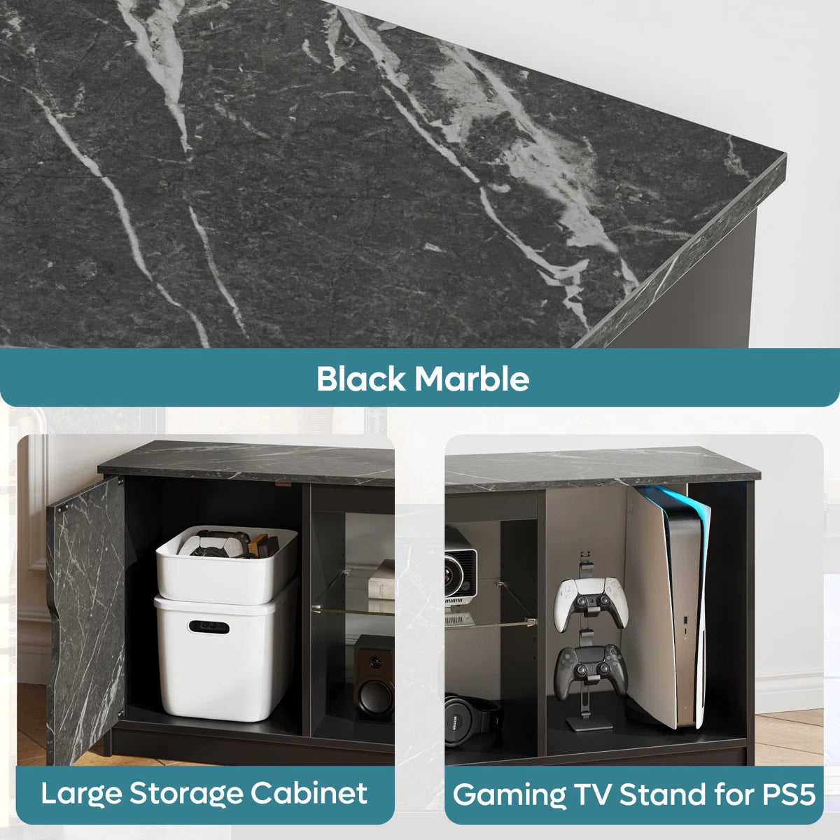 Media Console, LED TV Stand for 65 Inch TV, Gaming Entertainment Centre With Glass Shelf