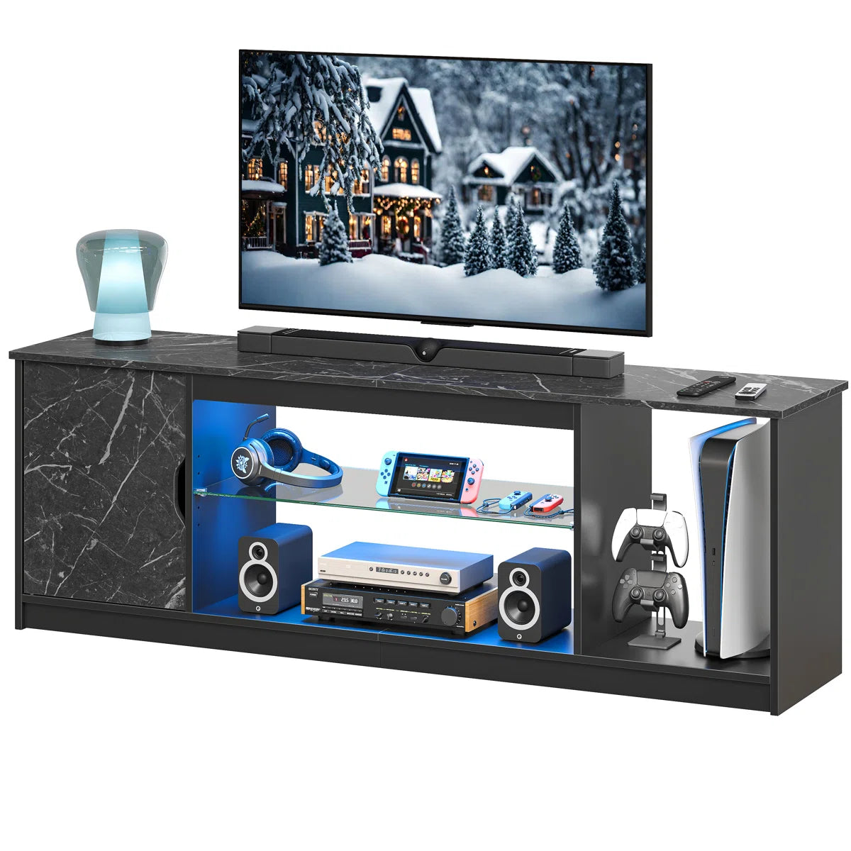 Media Console, LED TV Stand for 65 Inch TV, Gaming Entertainment Centre With Glass Shelf