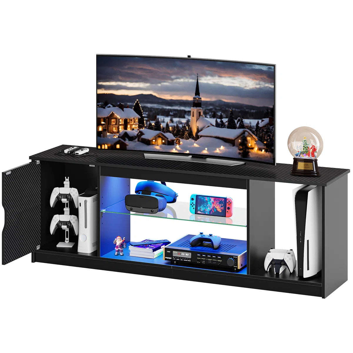 Media Console, LED TV Stand for 65 Inch TV, Gaming Entertainment Centre With Glass Shelf