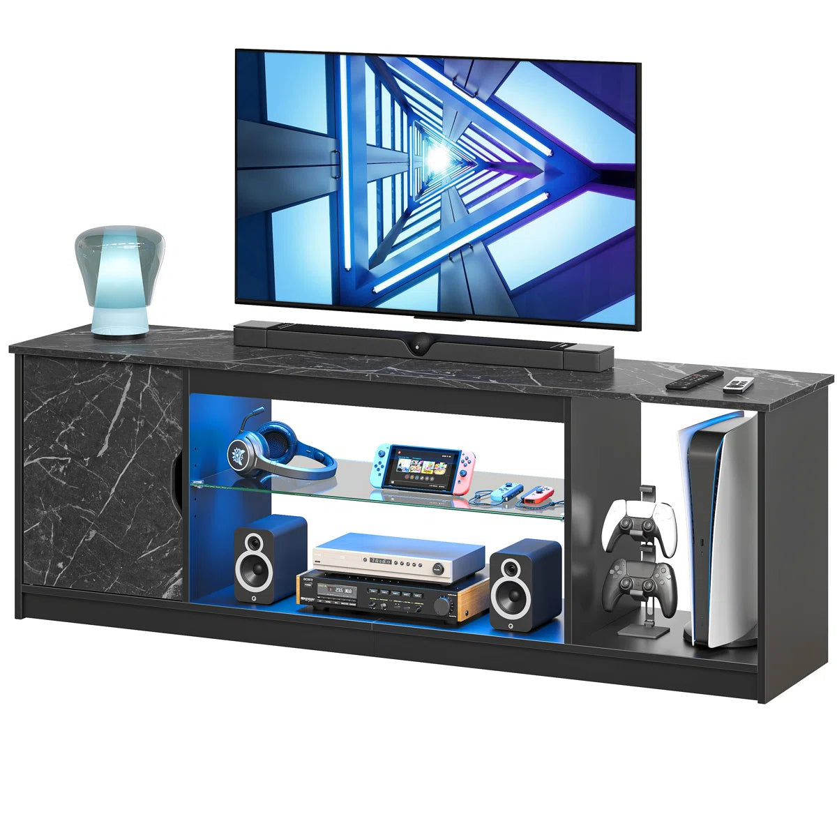 Media Console, LED TV Stand for 65 Inch TV, Gaming Entertainment Centre With Glass Shelf