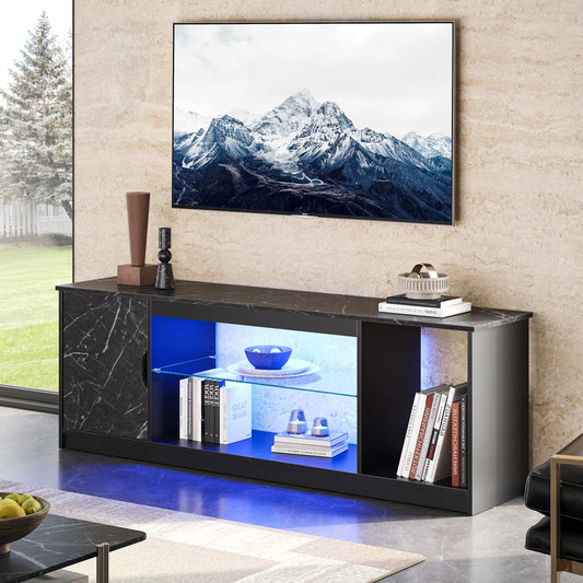 Media Console, LED TV Stand for 65 Inch TV, Gaming Entertainment Centre With Glass Shelf