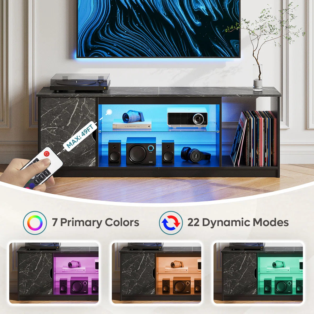 Media Console, LED TV Stand for 65 Inch TV, Gaming Entertainment Centre With Glass Shelf