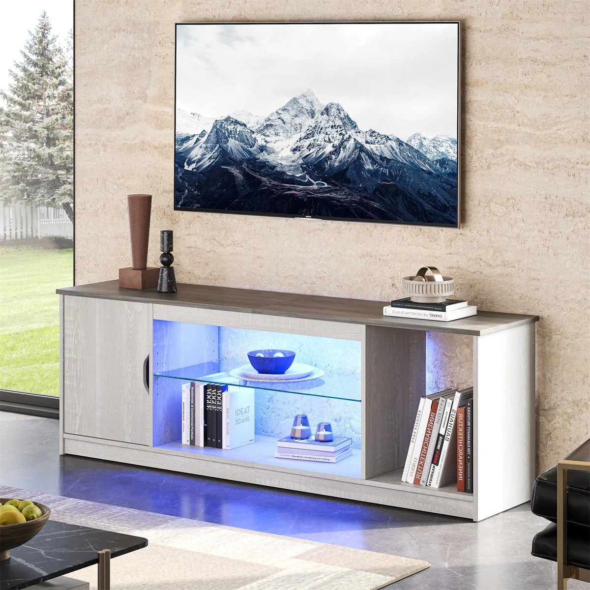 Media Console, LED TV Stand for 65 Inch TV, Gaming Entertainment Centre With Glass Shelf