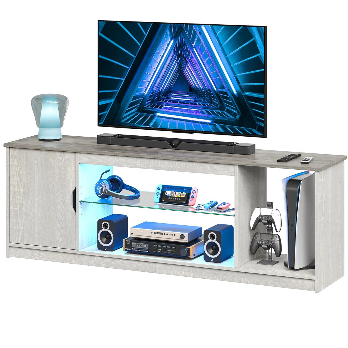 Media Console, LED TV Stand for 65 Inch TV, Gaming Entertainment Centre With Glass Shelf