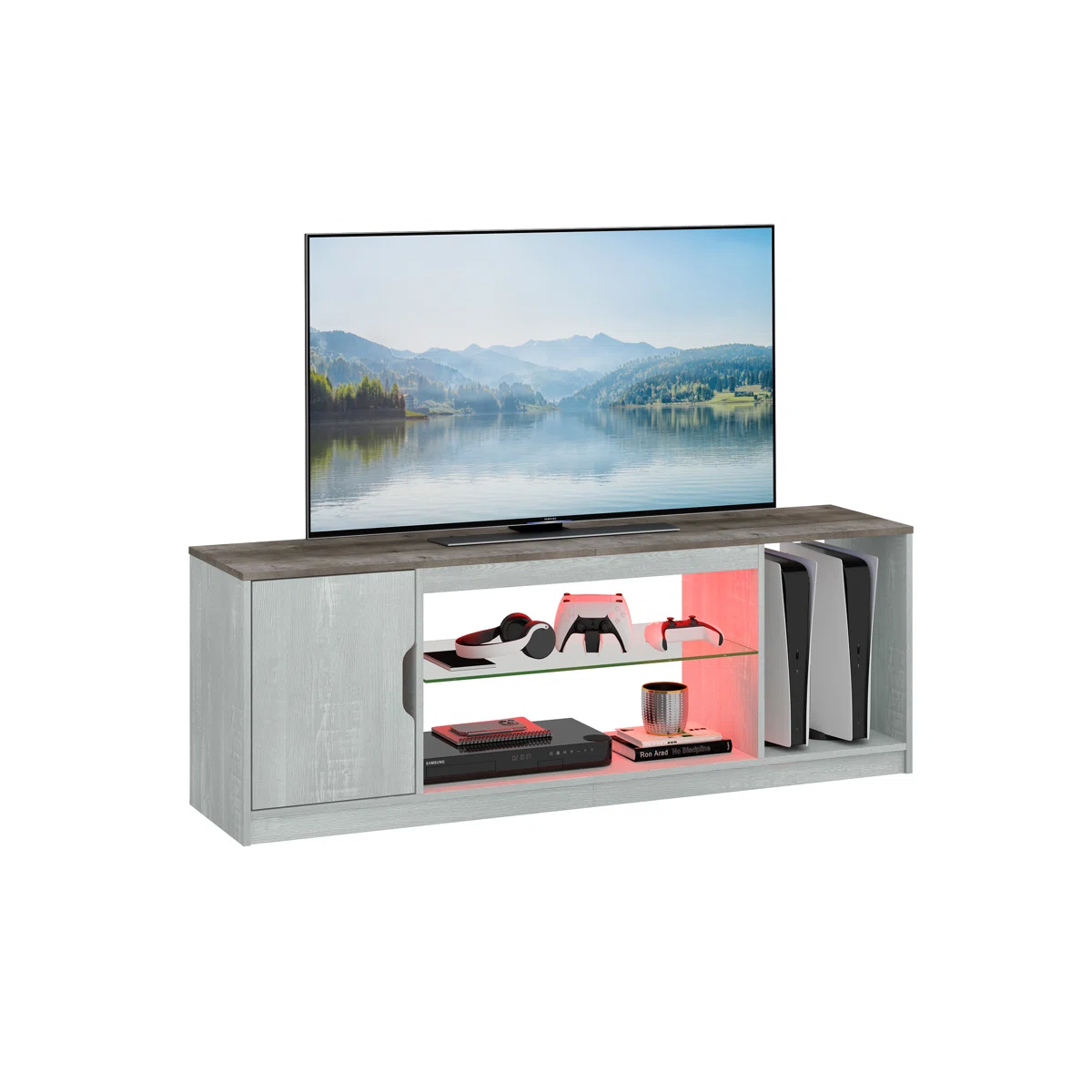 Media Console, LED TV Stand for 65 Inch TV, Gaming Entertainment Centre With Glass Shelf
