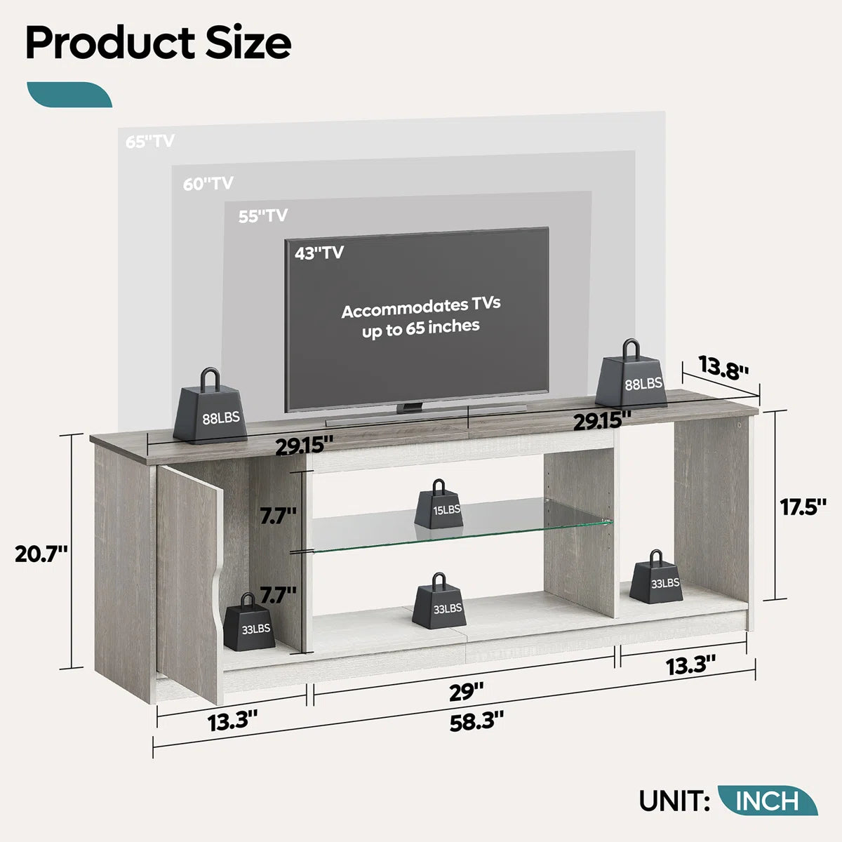 Media Console, LED TV Stand for 65 Inch TV, Gaming Entertainment Centre With Glass Shelf