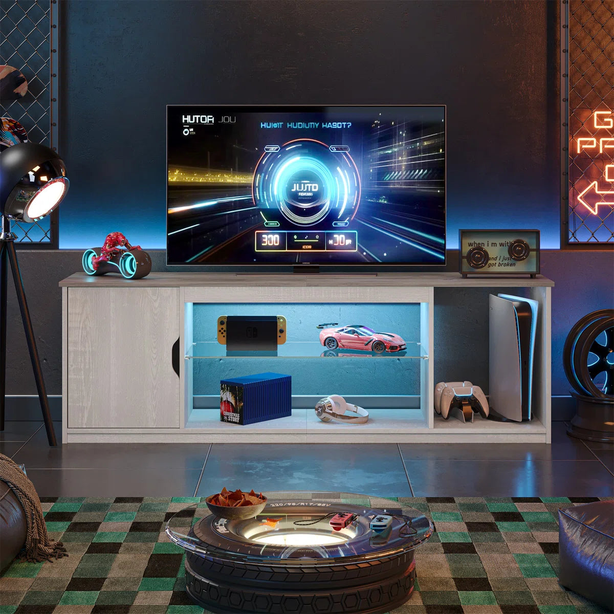 Media Console, LED TV Stand for 65 Inch TV, Gaming Entertainment Centre With Glass Shelf