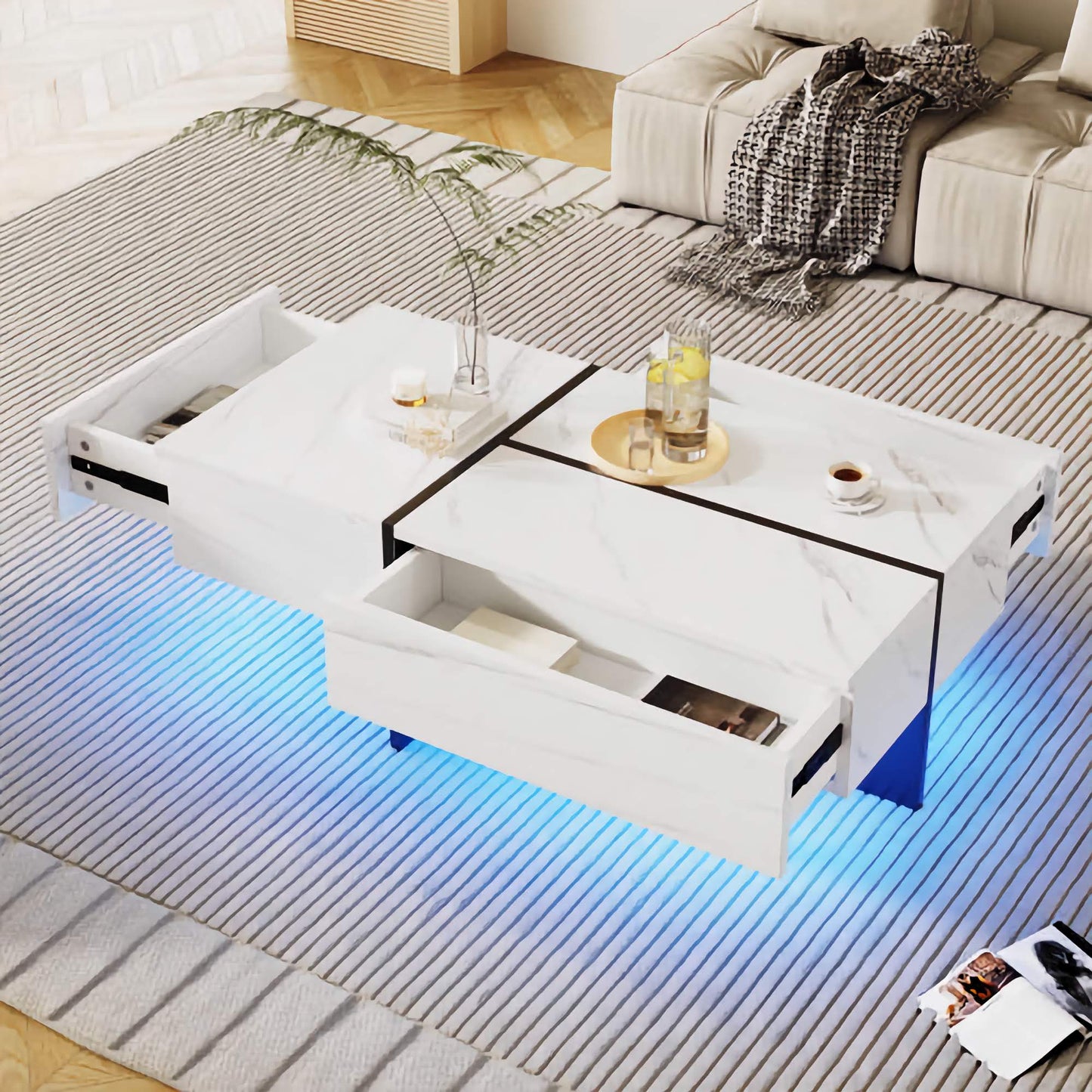 High Gloss Coffee Table, White Marble-Effect Tea Table With Black Detail & Hidden Storage