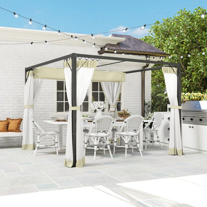 Retractable Pergola with Adjustable Canopy & Net Curtains – 3x3m Aluminium Outdoor Shelter, Khaki