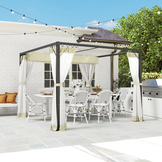 Retractable Pergola with Adjustable Canopy & Net Curtains – 3x3m Aluminium Outdoor Shelter, Khaki
