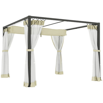 Retractable Pergola with Adjustable Canopy & Net Curtains – 3x3m Aluminium Outdoor Shelter, Khaki
