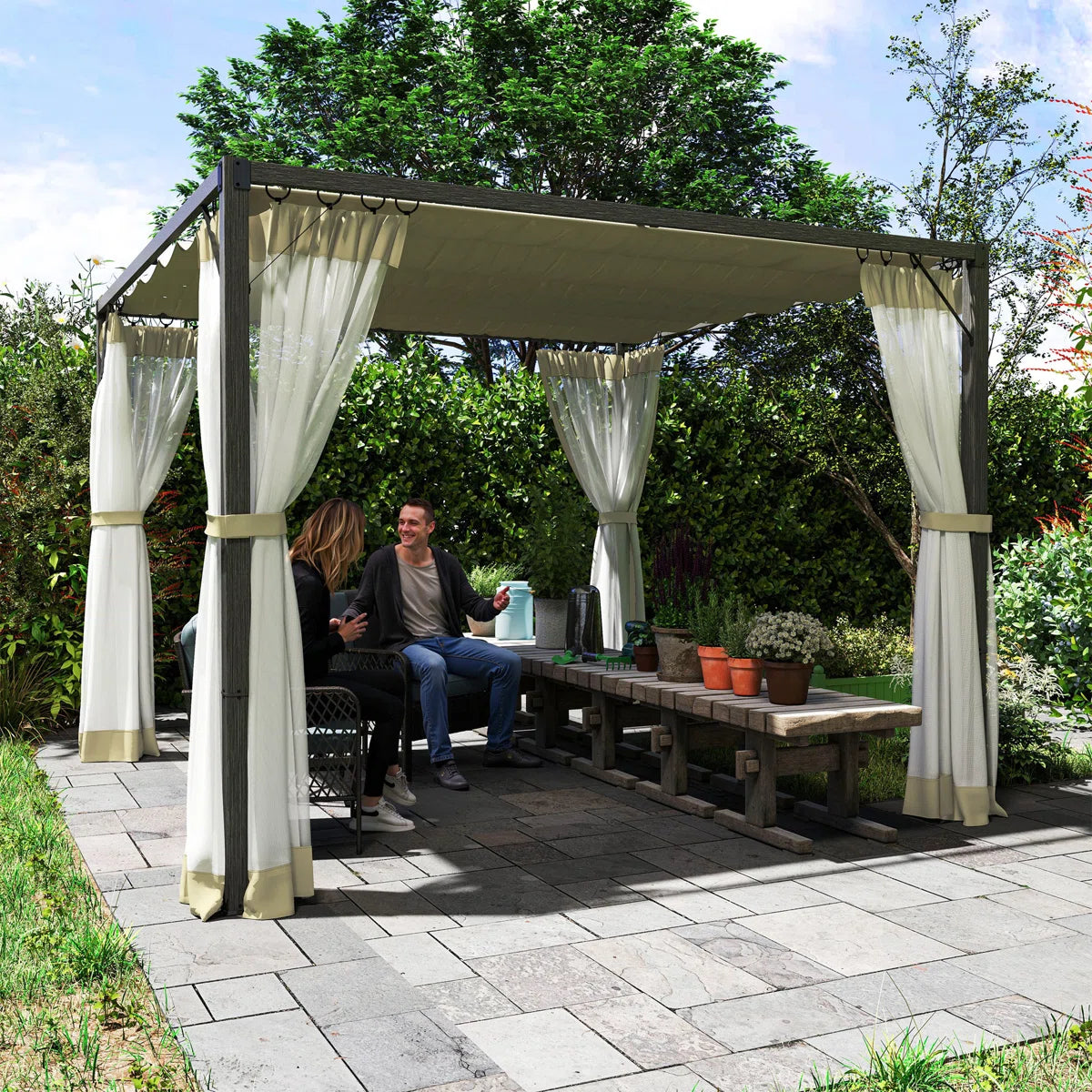 Retractable Pergola with Adjustable Canopy & Net Curtains – 3x3m Aluminium Outdoor Shelter, Khaki