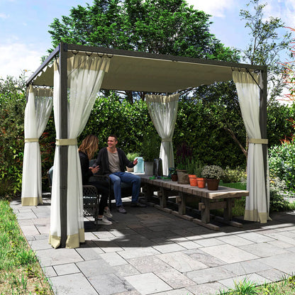 Retractable Pergola with Adjustable Canopy & Net Curtains – 3x3m Aluminium Outdoor Shelter, Khaki