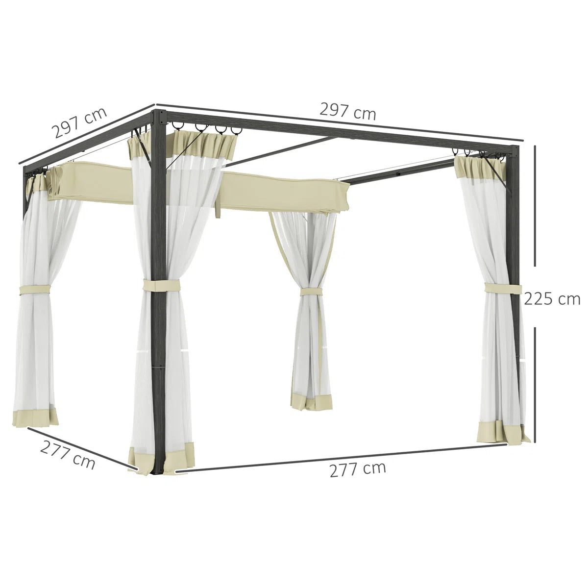 Retractable Pergola with Adjustable Canopy & Net Curtains – 3x3m Aluminium Outdoor Shelter, Khaki