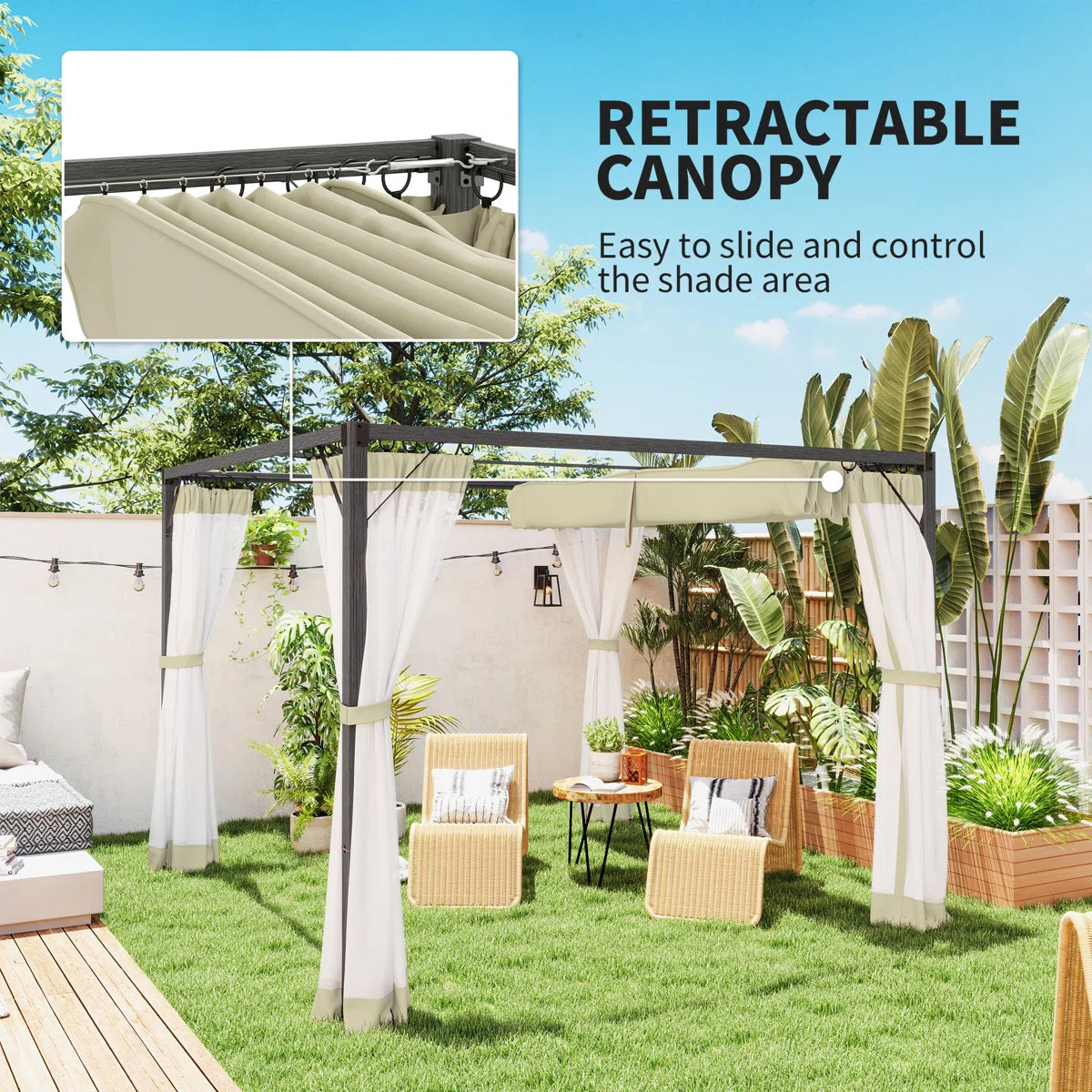 Retractable Pergola with Adjustable Canopy & Net Curtains – 3x3m Aluminium Outdoor Shelter, Khaki