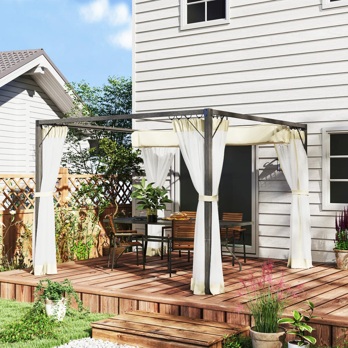 Retractable Pergola with Adjustable Canopy & Net Curtains – 3x3m Aluminium Outdoor Shelter, Khaki