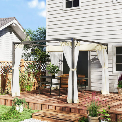 Retractable Pergola with Adjustable Canopy & Net Curtains – 3x3m Aluminium Outdoor Shelter, Khaki