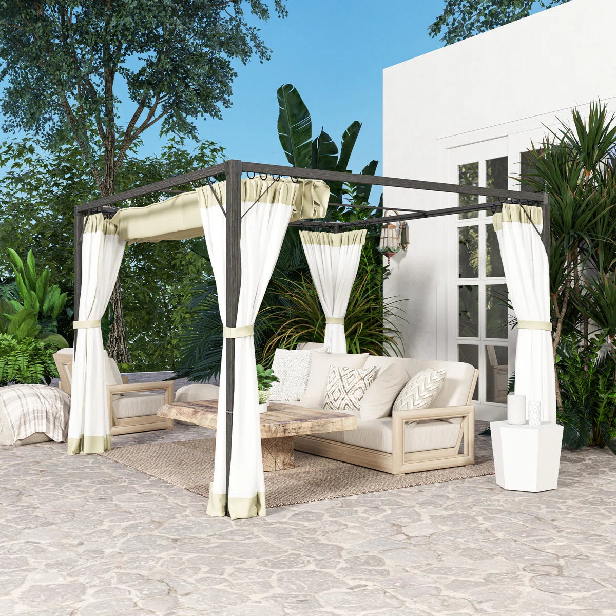 Retractable Pergola with Adjustable Canopy & Net Curtains – 3x3m Aluminium Outdoor Shelter, Khaki