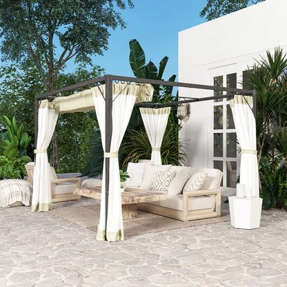 Retractable Pergola with Adjustable Canopy & Net Curtains – 3x3m Aluminium Outdoor Shelter, Khaki
