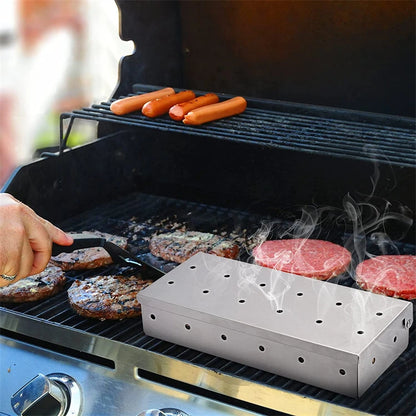 BBQ Woodchip Smoker Box, Stainless Steel Heavy Duty For Added Smokey Flavour. Gas And Charcoal BBQ Essential