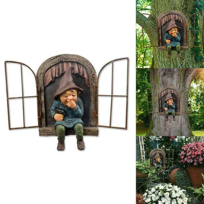 Naughty Garden Gnome Statue, Elf Out The Door Tree Hugger