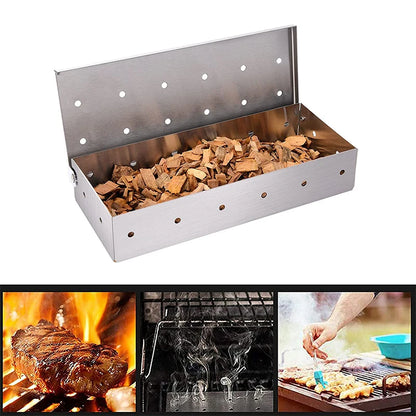 BBQ Woodchip Smoker Box, Stainless Steel Heavy Duty For Added Smokey Flavour. Gas And Charcoal BBQ Essential
