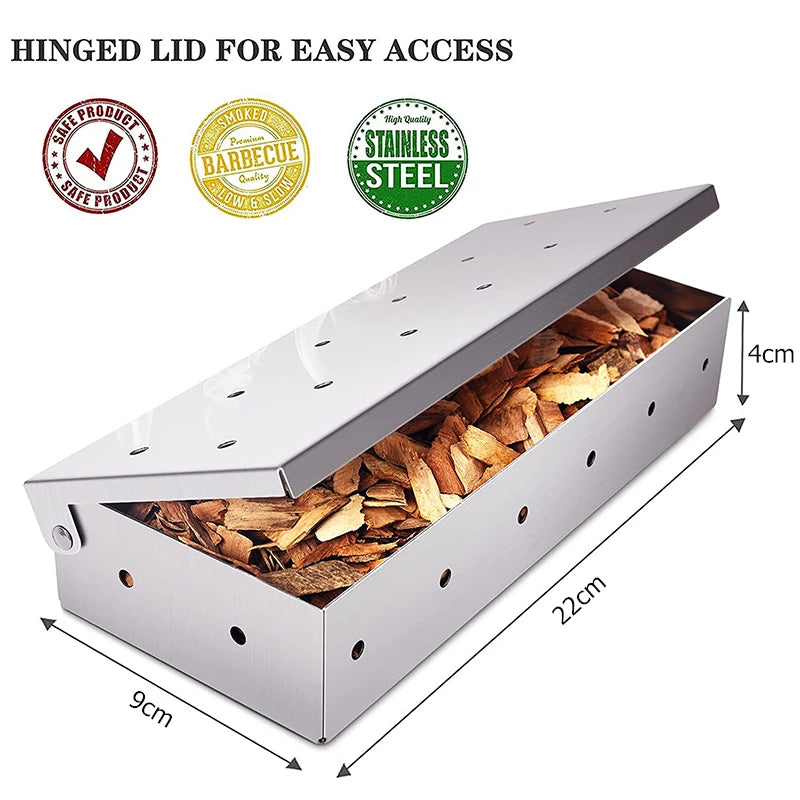 BBQ Woodchip Smoker Box, Stainless Steel Heavy Duty For Added Smokey Flavour. Gas And Charcoal BBQ Essential