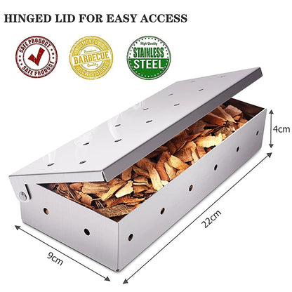 BBQ Woodchip Smoker Box, Stainless Steel Heavy Duty For Added Smokey Flavour. Gas And Charcoal BBQ Essential
