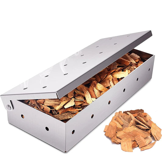 BBQ Woodchip Smoker Box, Stainless Steel Heavy Duty For Added Smokey Flavour. Gas And Charcoal BBQ Essential
